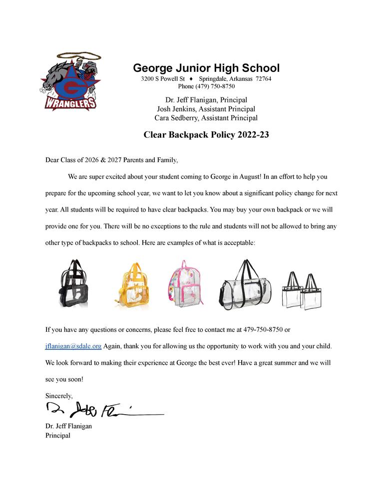 GJHS New Clear Backpack Policy