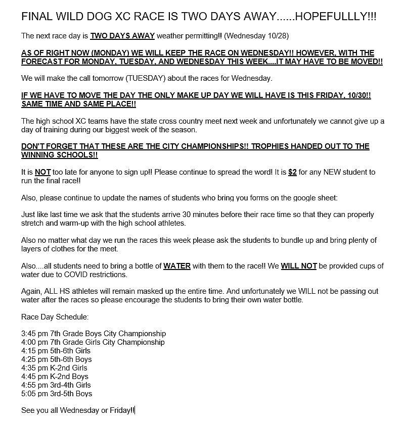 Final Wild Dog XC Race Weather Info