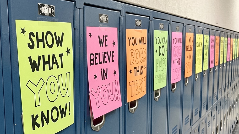 Decorated lockers encourage students to rock the test. 