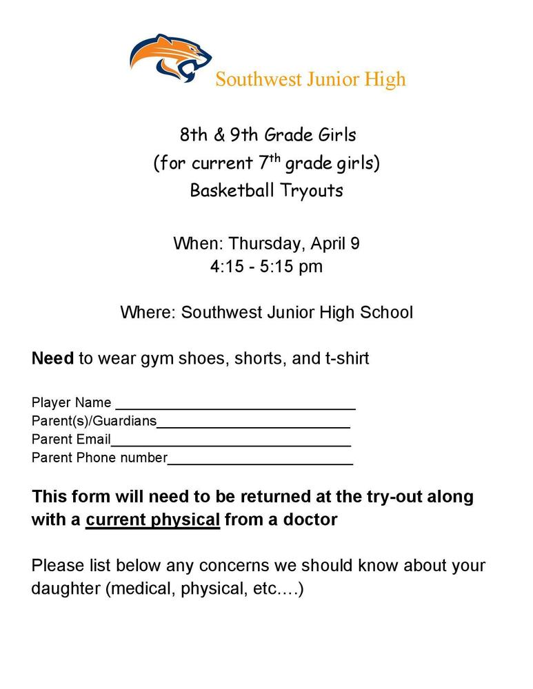 SWJH Girls Basketball Tryouts