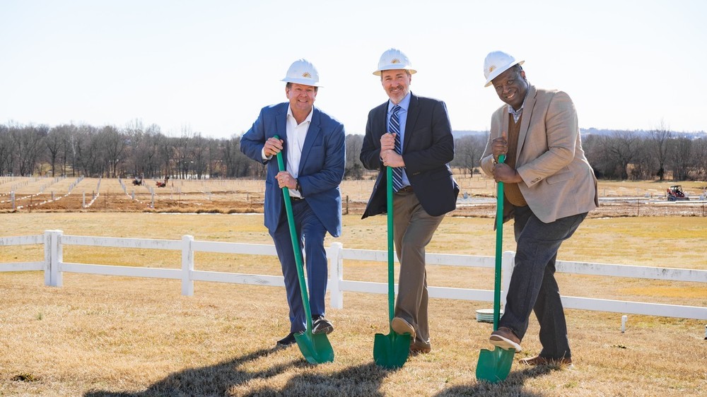 Mitchell Johnson, President and CEO of Ozarks Electric, Jared Cleveland, Superintendent of Springdale Public Schools, and Derek A. Dyson, President and CEO of Today’s Power, participated in the groundbreaking for a new 2.38-megawatt solar project Wednesday, Feb. 9 near Sonora Middle School.
