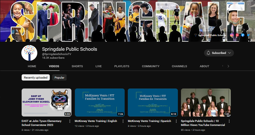 Screenshot of Springdale Schools YouTube channel