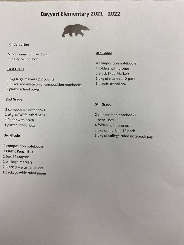 2021-22 School supply list