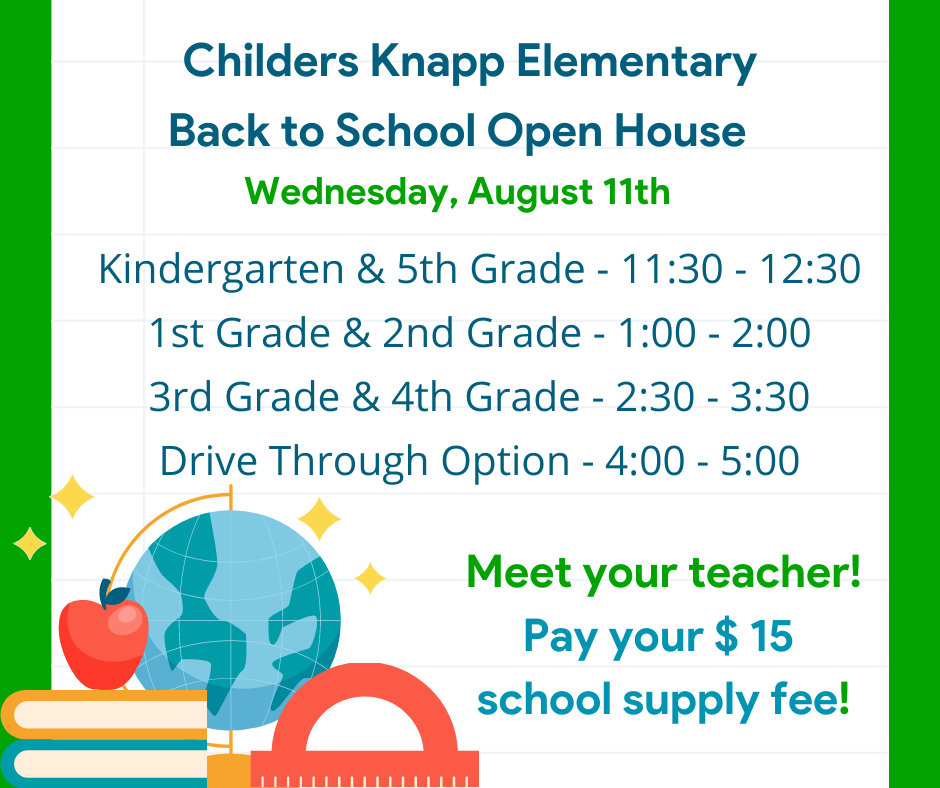 Enrolled students and their parents are invited to our Open House on Wednesday, August 11th. Kindergarten and 5th grade students can come by from 11:30-12:30, 1st grade and 2nd grade students can come by from 1:00-2:00, and 3rd grade and 4th grade students can come by from 2:30-3:30. We will also have a drive through option from 4-5pm. We can't wait to meet our Gators! Los estudiantes inscritos y sus padres están invitados a nuestro evento de casa abierta el miércoles 11 de agosto. Los estudiantes de kinder y quinto grado pueden venir de las 11: 30-12: 30, los estudiantes de primer y segundo grado pueden venir de la 1: 00-2: 00, y los estudiantes de tercer y cuarto grado pueden venir de las 2: 30- 3:30. También tendremos la opción de Drive-Through (en automóvil) de las 4 a 5 pm. ¡Estamos ansiosos por conocer a nuestros Gators!