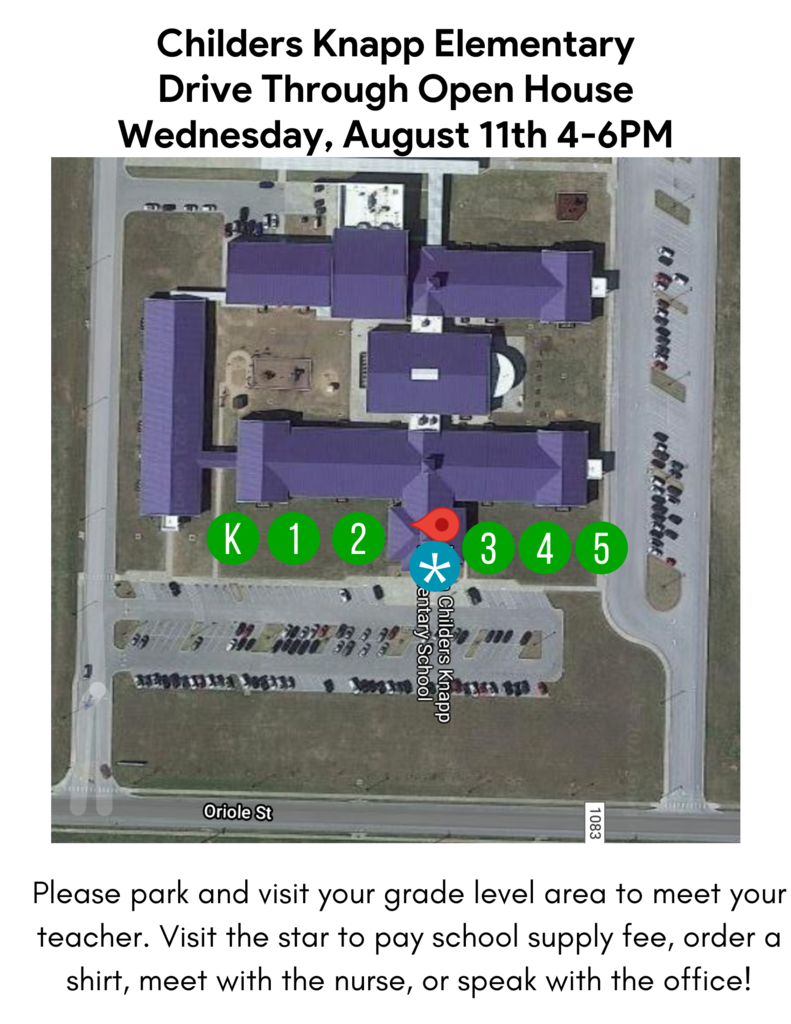 We can't wait to see you Wednesday for our open house! Enrolled students and their parents are invited to our Open House on Wednesday, August 11th. Kindergarten and 5th grade students can come by from 11:30-12:30, 1st grade and 2nd grade students can come by from 1:00-2:00, and 3rd grade and 4th grade students can come by from 2:30-3:30. We will also have an outside option from 4-6pm. See the attached map to help you find each grade level for the outside option. We ask that you wear a mask and make sure to social distance.