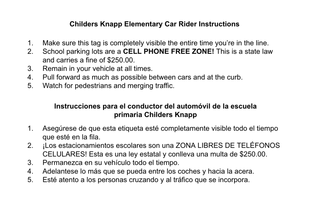 Starting Monday, if you do not have a car tag you will not be able to pick up your child from the car line. You will have to get out of line and go to the office. Make sure to check your child's backpack. Attached are pictures of what car tags look like this year. If you have not received a car tag, please call the office or message your child's teacher. A partir del lunes, si no tiene una etiqueta para el automóvil, no podrá recoger a su hijo de la fila para automóviles. Tendrá que salirse de la fila e ir a la oficina. Asegúrese de revisar la mochila de su hijo. Se adjuntan imágenes de cómo se ven las etiquetas de los automóviles este año. Si no ha recibido una etiqueta para el automóvil, llame a la oficina o envíe un mensaje al maestro de su hijo.