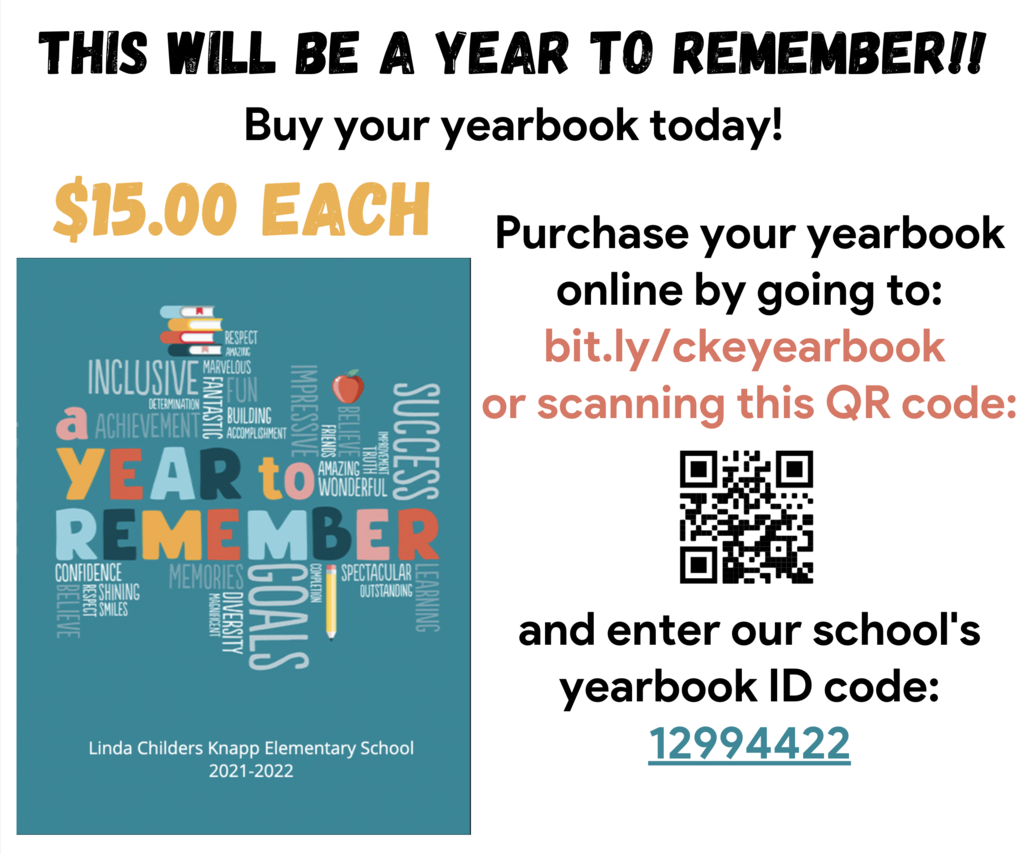 Yearbook orders are due next week! Make sure you get your copy by placing your order today! You can order online or return form and payment to school.  bit.ly/ckeyearbook