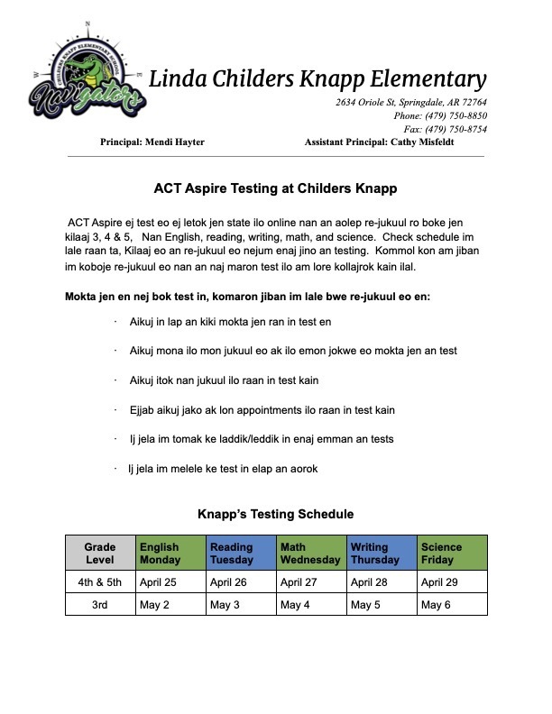 Next week beings ACT Aspire state testing. This is a chance for our 3rd, 4th, and 5th graders to show that they know and have been working on all year. Please see the flyers below for more information about the testing schedule and what you can do to make sure you child does their best on the tests!