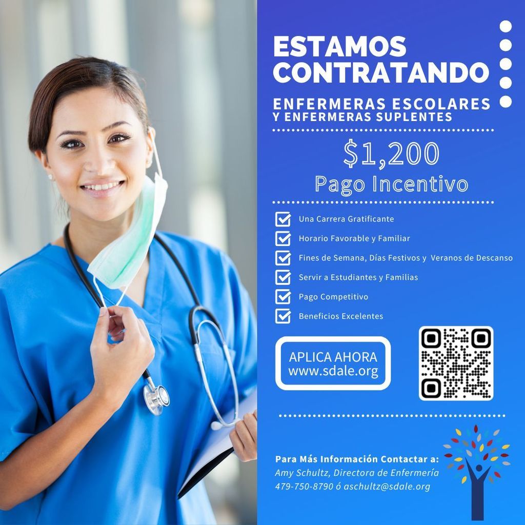 Now Hiring School Nurses flyer image in spanish