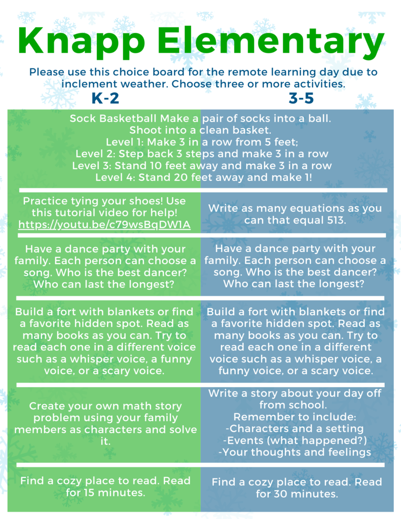 Knapp Families, please see below for AMI choice board activities and optional zoom schedule for Thursday, February 2nd. Zoom meetings can be joined from any device and Zoom links will be posted in Google Classroom/Seesaw. Please reach out to your child’s teacher if you have any questions.   GT/EAST - 10:00  K - 10:30  1 - 11:00  2 - 11:30  3 - 12:00  4 - 12:30   5 - 1:00    Familias de Knapp, consulte a continuación las actividades del tablero de opciones de AMI y el horario opcional de zoom para el jueves 2 de febrero. Se puede unir a las reuniones de Zoom desde cualquier dispositivo y los enlaces de Zoom se publicarán en Google Classroom/Seesaw. Comuníquese con el maestro de su hijo si tiene alguna pregunta.  GT/EAST - 10:00  K - 10:30  1 - 11:00  2 - 11:30  3 - 12:00  4 - 12:30   5 - 1:00