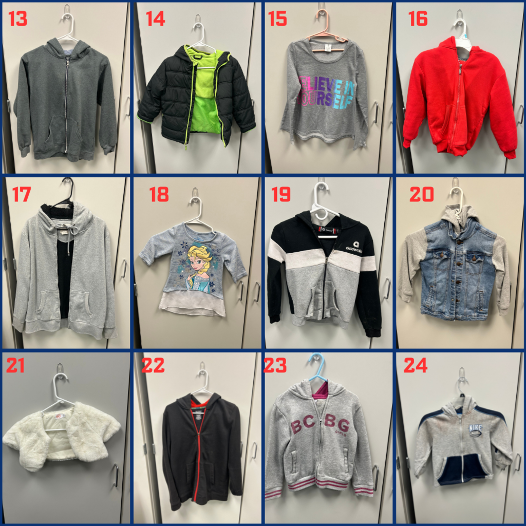 Last chance for these lost and found items! They have been hanging up for weeks and we would love to return them if possible. If not claimed by Friday, March 3rd, they will be donated. If you see something that belongs to your child, please comment with the item number, teacher, and student's name.