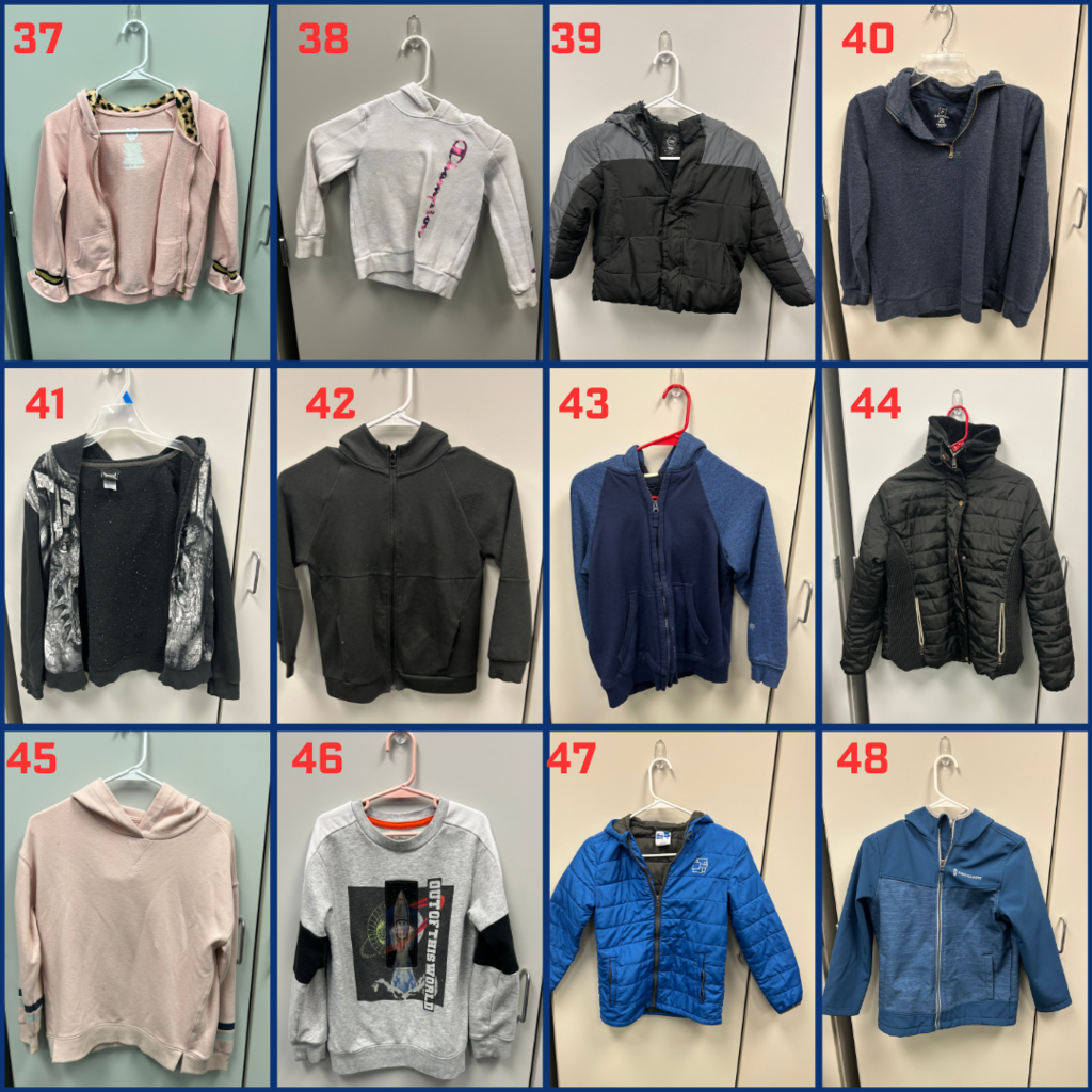 Last chance for these lost and found items! They have been hanging up for weeks and we would love to return them if possible. If not claimed by Friday, March 3rd, they will be donated. If you see something that belongs to your child, please comment with the item number, teacher, and student's name.