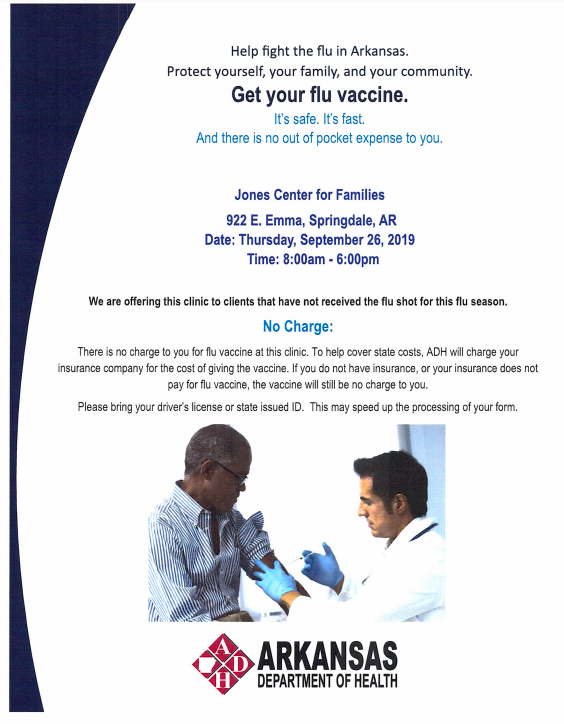 Free flu shot clinic at the Jones Center on Thursday September 26th from 8:00 AM to 6:00PM.