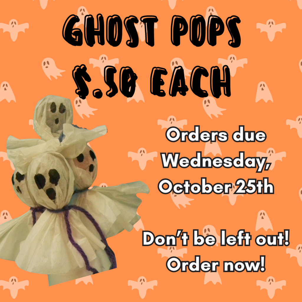 Get your Ghost Pop orders in now! Order forms were sent home last week.  💰 Only $0.50 each!  📝 Return the order form to your child's teacher by Wednesday, October 25th  🚚 Ghost Pops will be spiritedly delivered to classrooms on Friday, October 27th  Don't miss out on this ghostly good treat! 🎉👻🍭