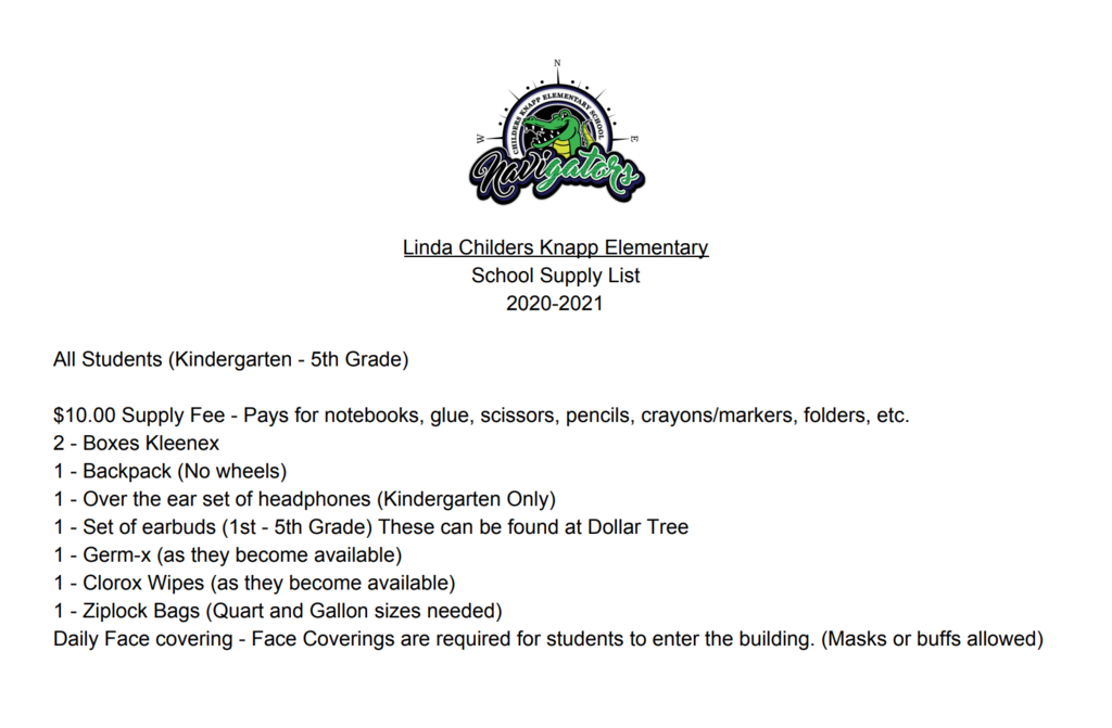 School supply list for K-5th grade